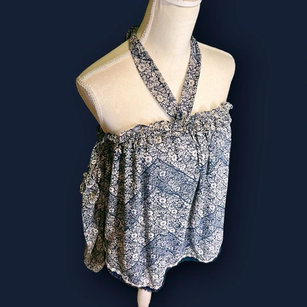 Misa Los Angeles Blue Floral Print ‘Livey’ Off The Shoulder Tie-Neck Top Size XS